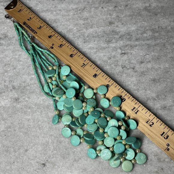 Turquoise Tone Cascade Necklace 4 Strand Layered Discs Beaded Faux Pearl Jewelry - Picture 8 of 8